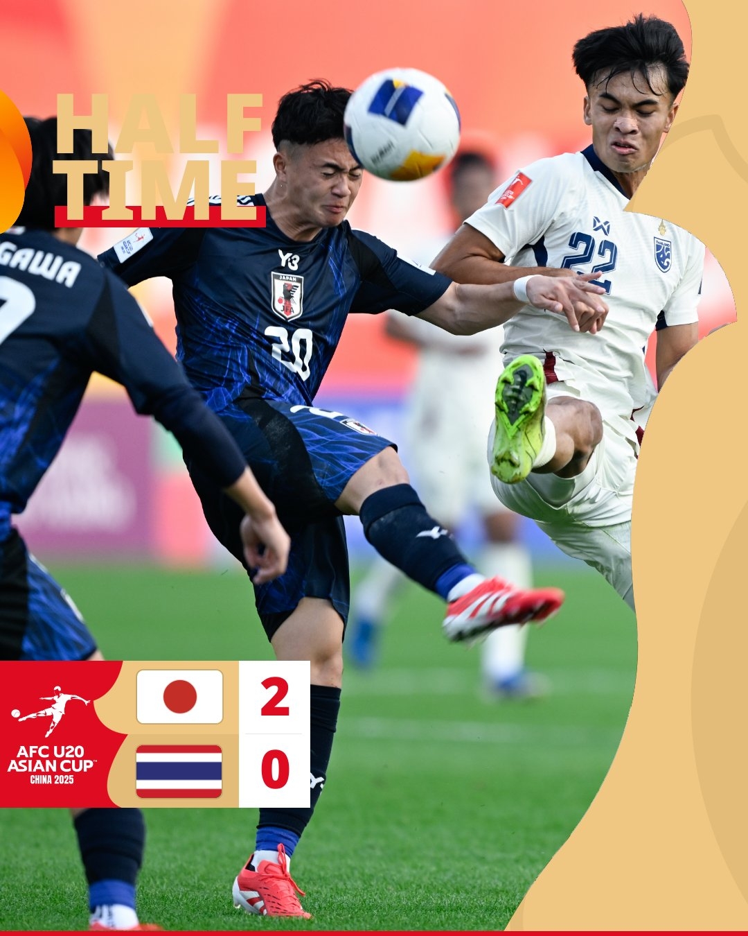  半場-日本U20 2-0領先泰國U20，石井久繼破門+中柱 泰國0射正