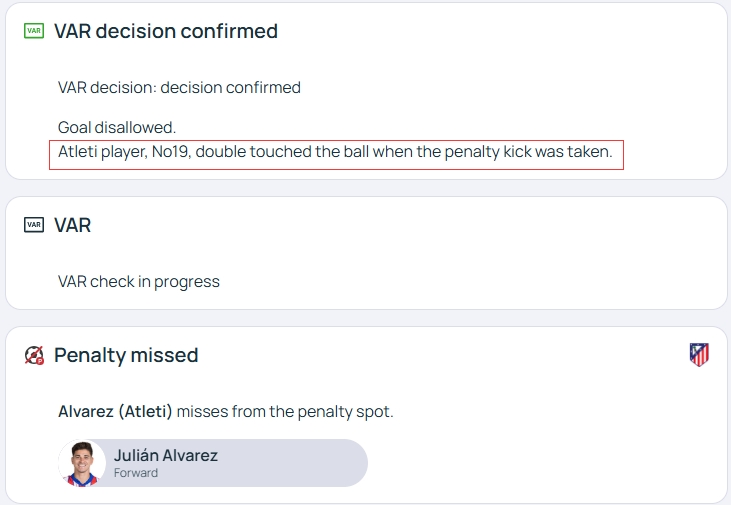  官方明確！歐冠官網(wǎng)：阿爾瓦雷斯罰點(diǎn)時2次觸球，VAR決定進(jìn)球無效